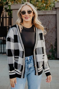 Plaid Gold Button Knitted Cardigan
