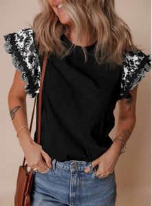 Black Flutter Sleeve Contrast Blouse