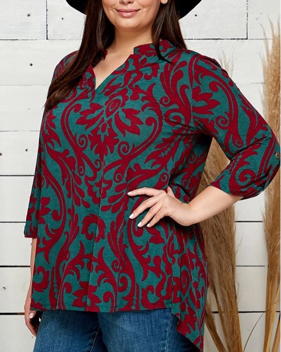 Vintage Scroll Printed Tunic Blouse