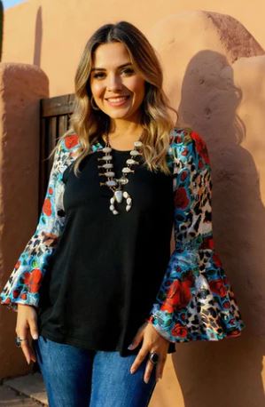 Western black & floral bell blouse