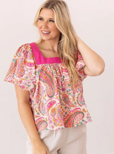 Pink Paisley Puff Sleeve Blouse