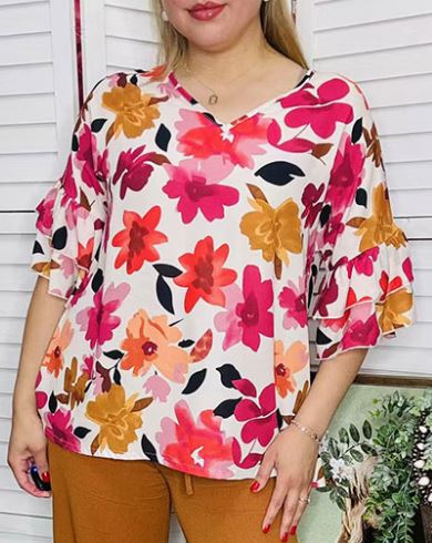 Floral Prints Double Ruffle Short Sleeve Top
