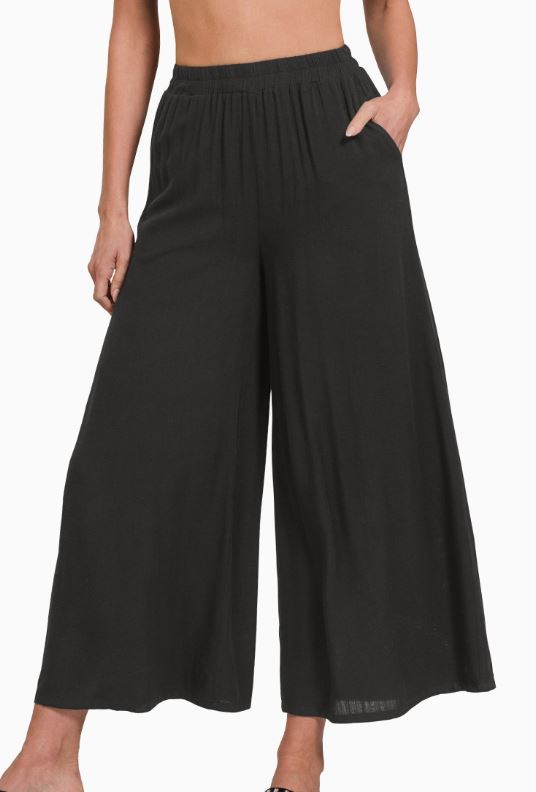 Black Wide-Leg Linen Blend Pants with Pockets