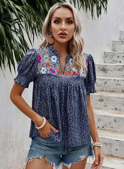 Navy Floral Puff Sleeve Loose Fit Top