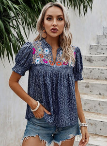 Navy Floral Puff Sleeve Loose Fit Top