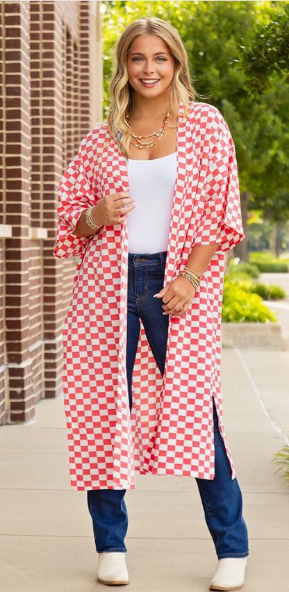 Checkered Print Duster - Pink