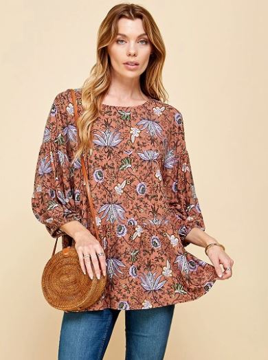 Vintage Floral Print Long Slv Top
