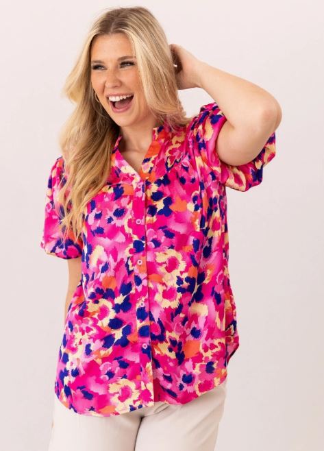 Pink & Purple Leopard Button-Up Blouse
