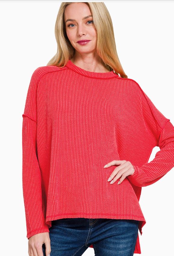 Rib Raw Edge Long Sleeve - Red