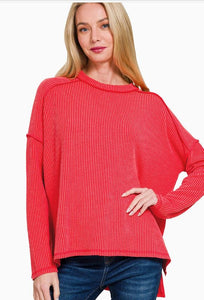Rib Raw Edge Long Sleeve - Red