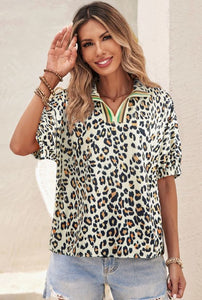 Leopard Half Sleeve Loose Fit Blouse