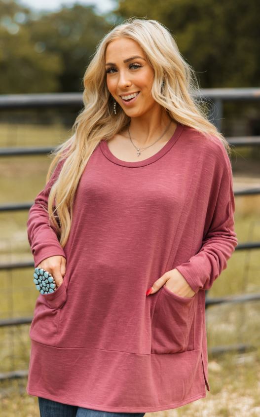 Casual Cotton Long Sleeve Top - Rose