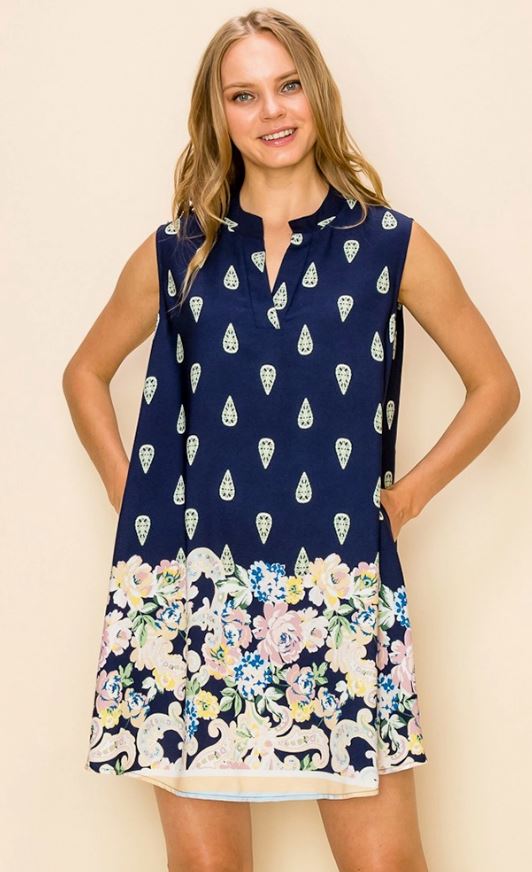 Flower Border Print Sleeveless Dress