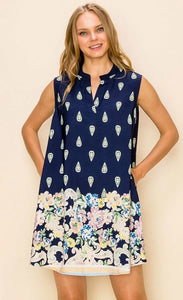 Flower Border Print Sleeveless Dress