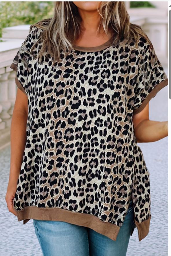 Leopard Contrast Trim Short Sleeve Top