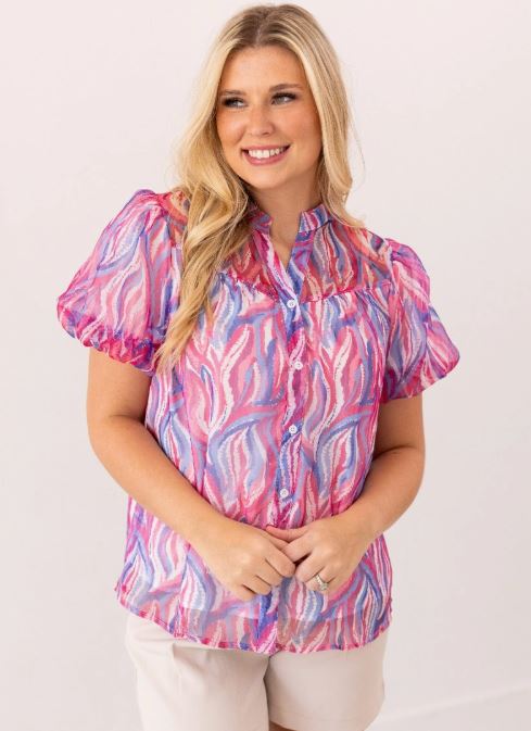 Abstract Stripe Puff Sleeve Blouse