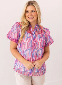 Abstract Stripe Puff Sleeve Blouse