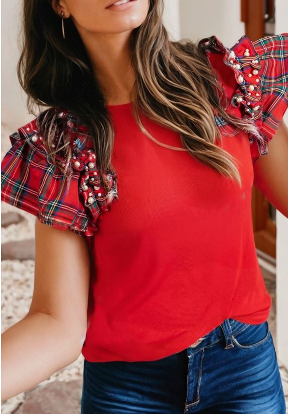 rED Plaid Pearl Ruffle Short Sleeve Top