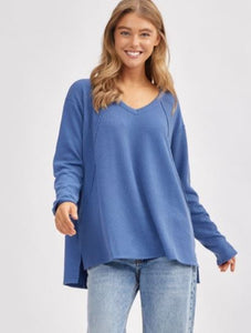 Blue Curly Rib V Neck Top