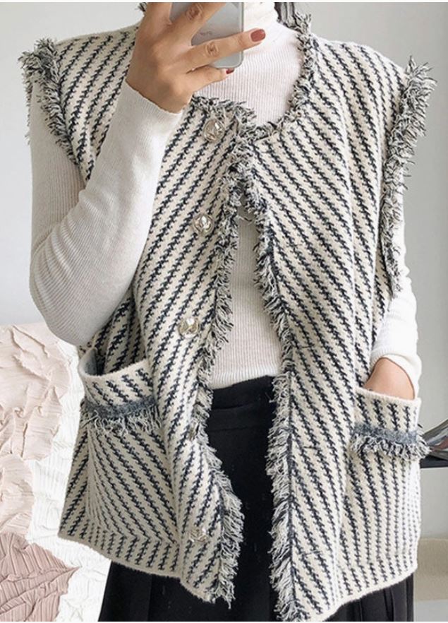 Buttoned Fringed Pockets Striped V-Neck Vest