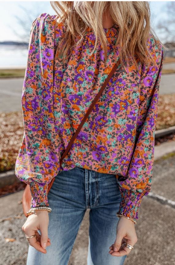 Floral Print Shirred Cuff Blouse