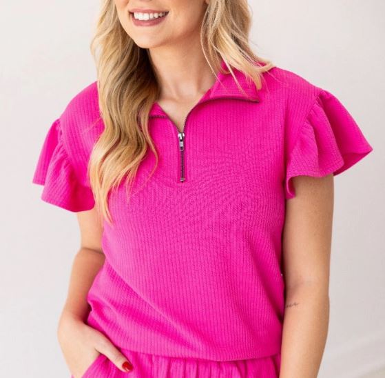 Hot Pink Quarter Zip with Flutter Sleeves