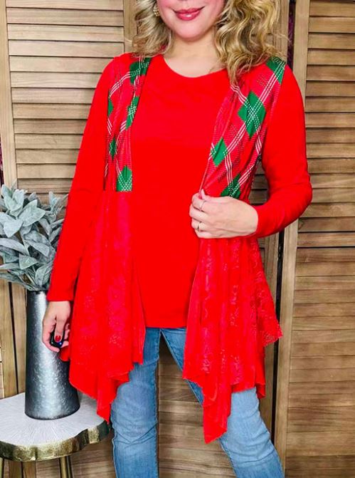 Christmas Checkered Red Lace Vest