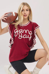 Ruffle Sleeve Varsity Gameday Top  Marron/White