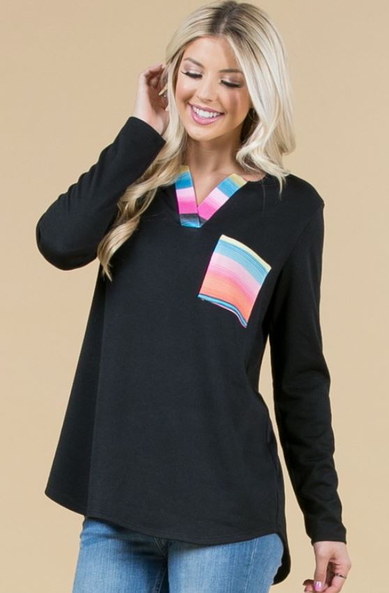 Black Striped Accent V Neck Top