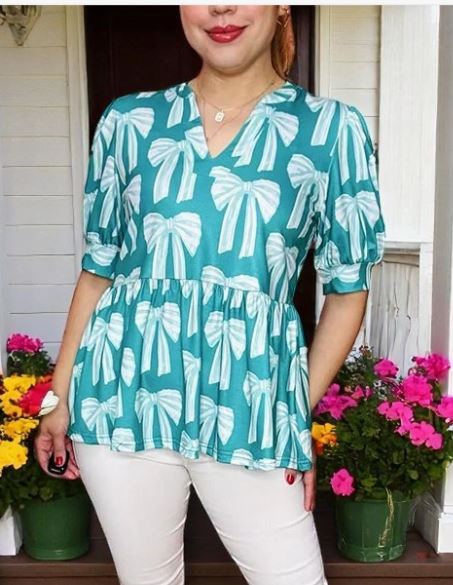 Turquoise Bow Printed Baby Doll Top