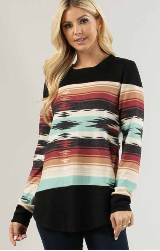 Aztec Print Color Block Top