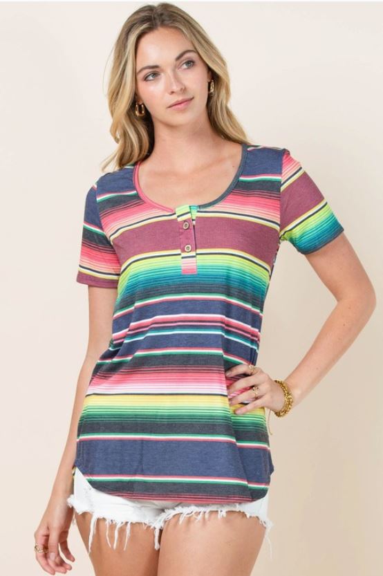 Serape Henley Style Short Sleeve Top