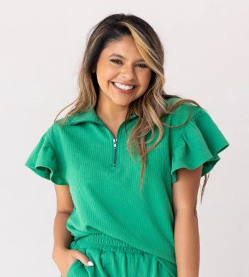 Kelly Green Quarter Zip with Flutter Sleeves