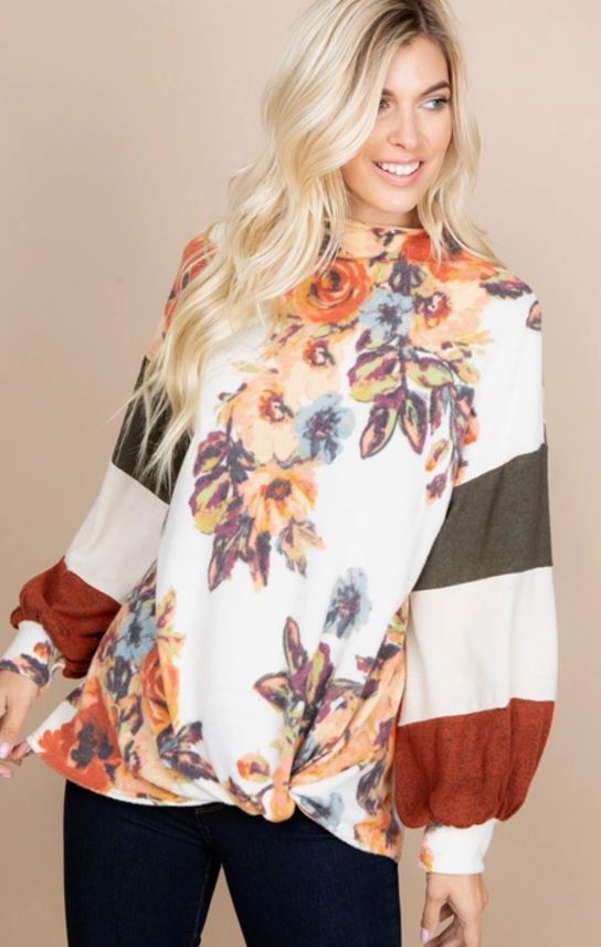 Floral Color Block Mock Neck Pullover