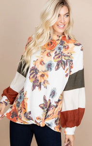 Floral Color Block Mock Neck Pullover