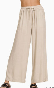 Sand Beige Wide-Leg Linen Blend Pants with Pockets