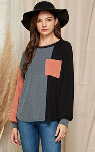 Color Block Long Sleeve Top with Pocket