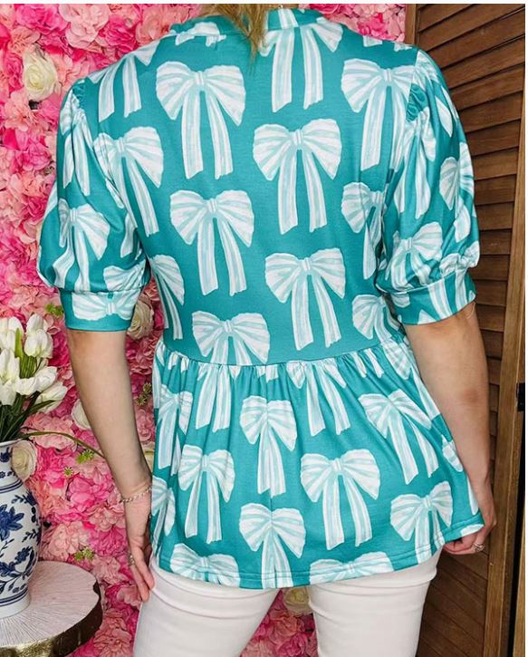 Turquoise Bow Printed Baby Doll Top