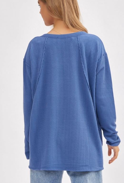 Blue Curly Rib V Neck Top