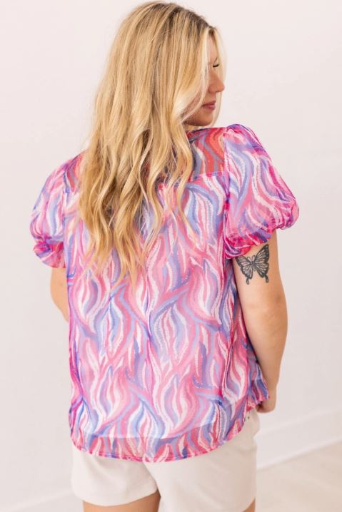 Abstract Stripe Puff Sleeve Blouse