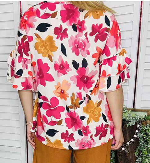 Floral Prints Double Ruffle Short Sleeve Top