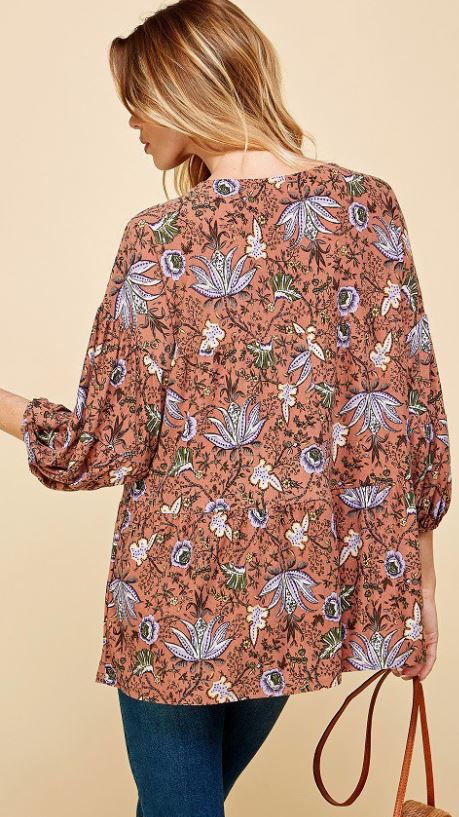 Vintage Floral Print Long Slv Top