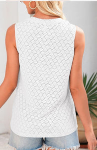 White Eyelet Pattern Round Neck Top