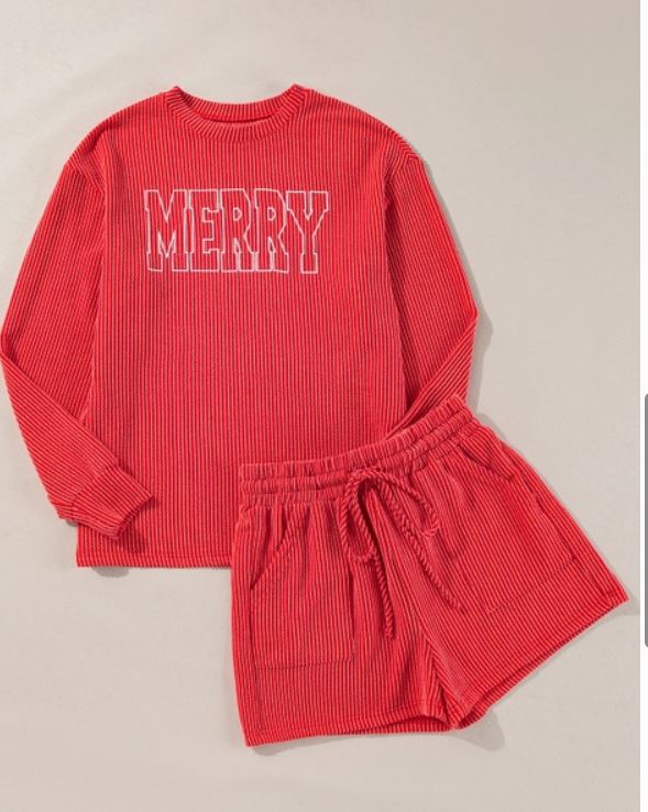 Merry Ribbed Knit Long Sleeve Top and Shorts Set