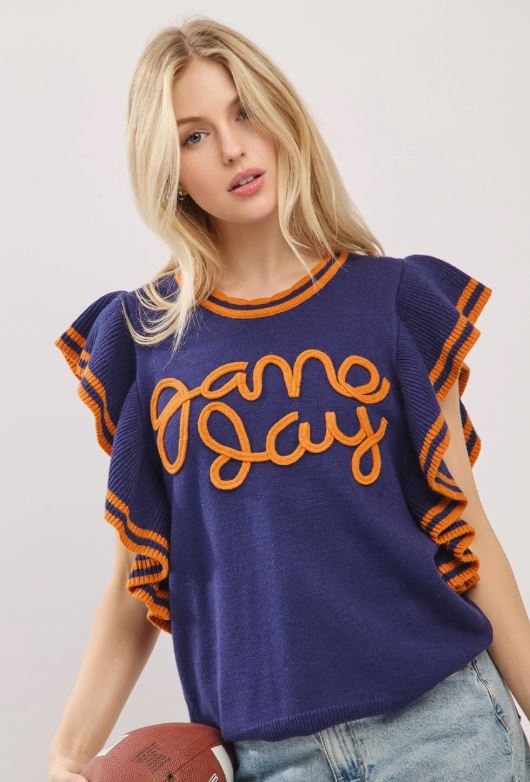 Ruffle Sleeve Varsity Gameday Top  Navy/Orange
