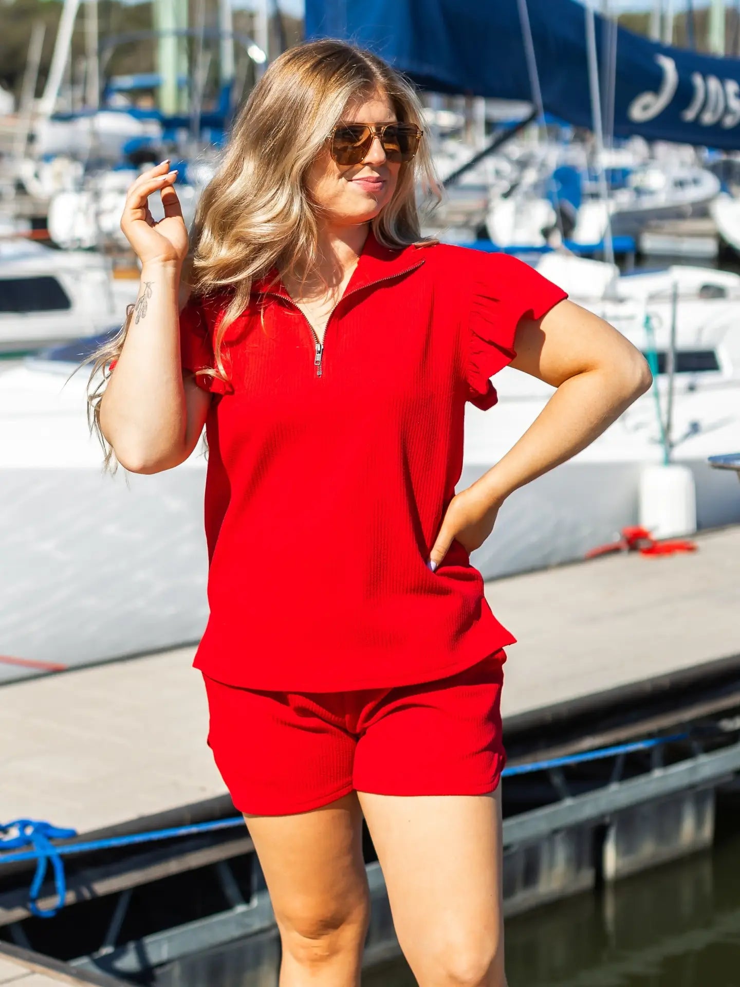RED Quarter Zip with Flutter Sleeves