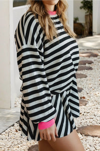 Stripe Color Block Pullover and Shorts Plus Size Set