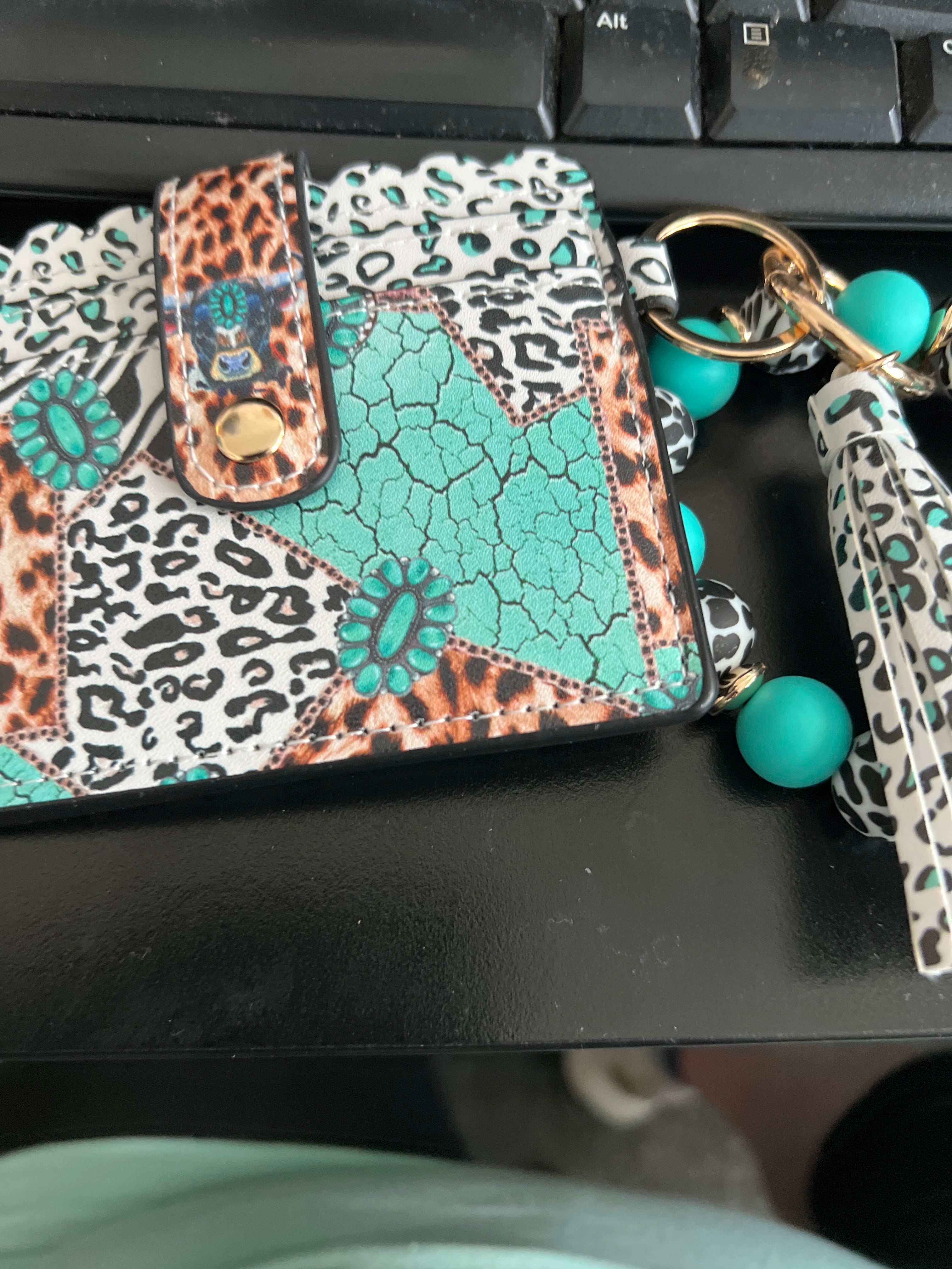 Leopard Teal Wristlet