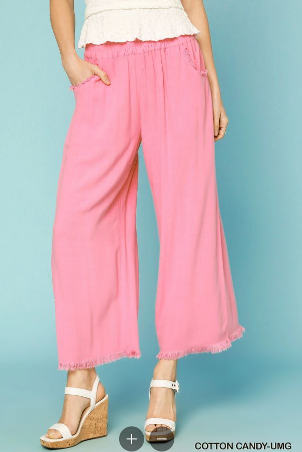 Umgee Linen Blend Raw Hem Pants - Hot PInk