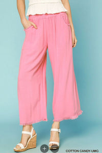 Umgee Linen Blend Raw Hem Pants - Hot PInk
